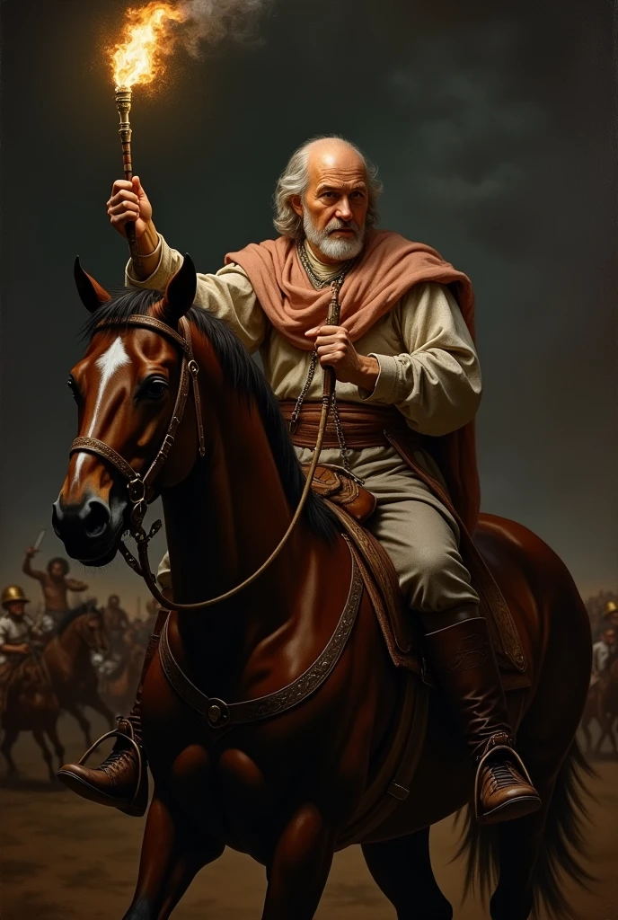 masterpiece, realist, old painting, Renaissance style, visual impact, high contrast, black dark background, (Miguel Hidalgo) hero of Mexico's independence, man with white hair and bald, on horse, (the noble priest), holding a torch, and in the background you can see traces of the war, in attack position, high quality, lights and shadows rembrant style, tenebrismo, Caravaggio,