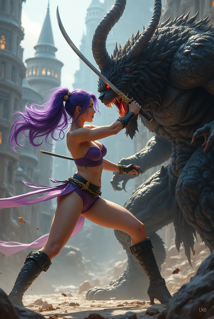 An elegant and refined woman with green Asian eyes, perky breasts, thin waist and wide hips, purple hair. fully body, high heel boots. holding a katana sword. realisitic. In the background a medieval castle. Fighting and, hitting the face of a very dark black monster, very angry and bad.