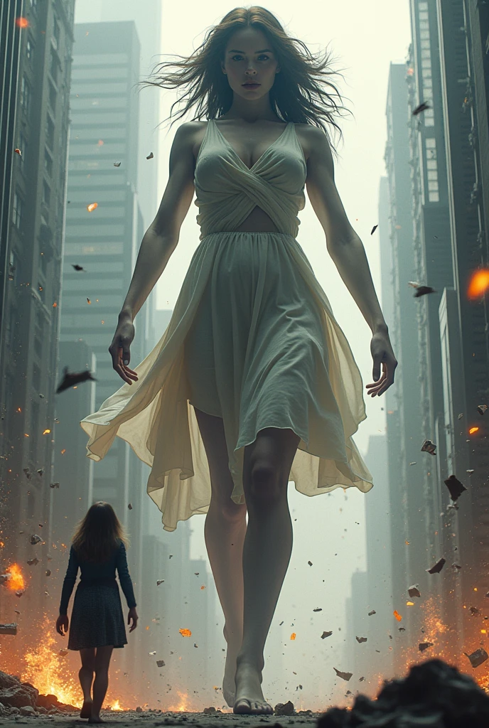 A 20 year old girl towering over buildings destroying a city