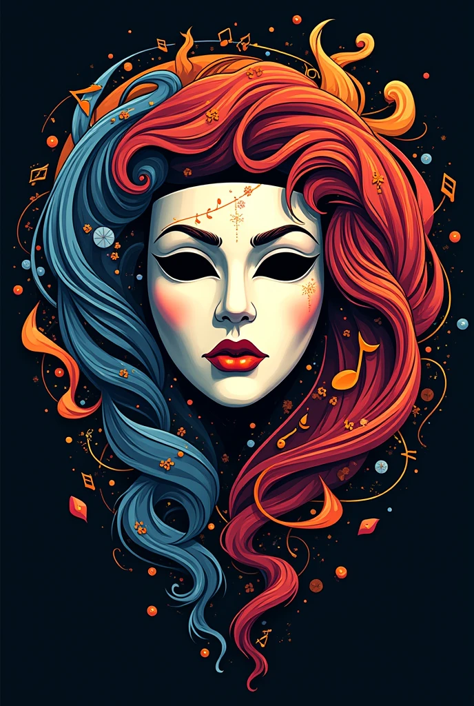 In a round a theater mask logo, dance, singing and art