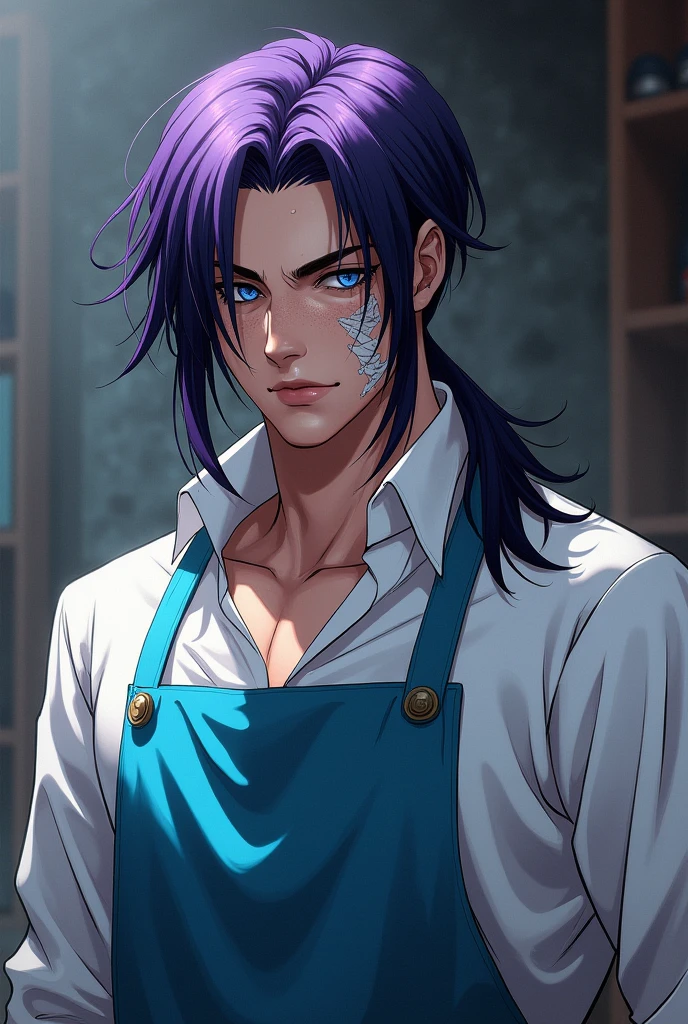 Generate in the rangrarii art style a purple haired masculine man (mullet cut) with two long black locks, blue eyes, several freckles on her face, White skin, two bandages on his cheeks, a white shirt with a white shirt and a sky blue apron