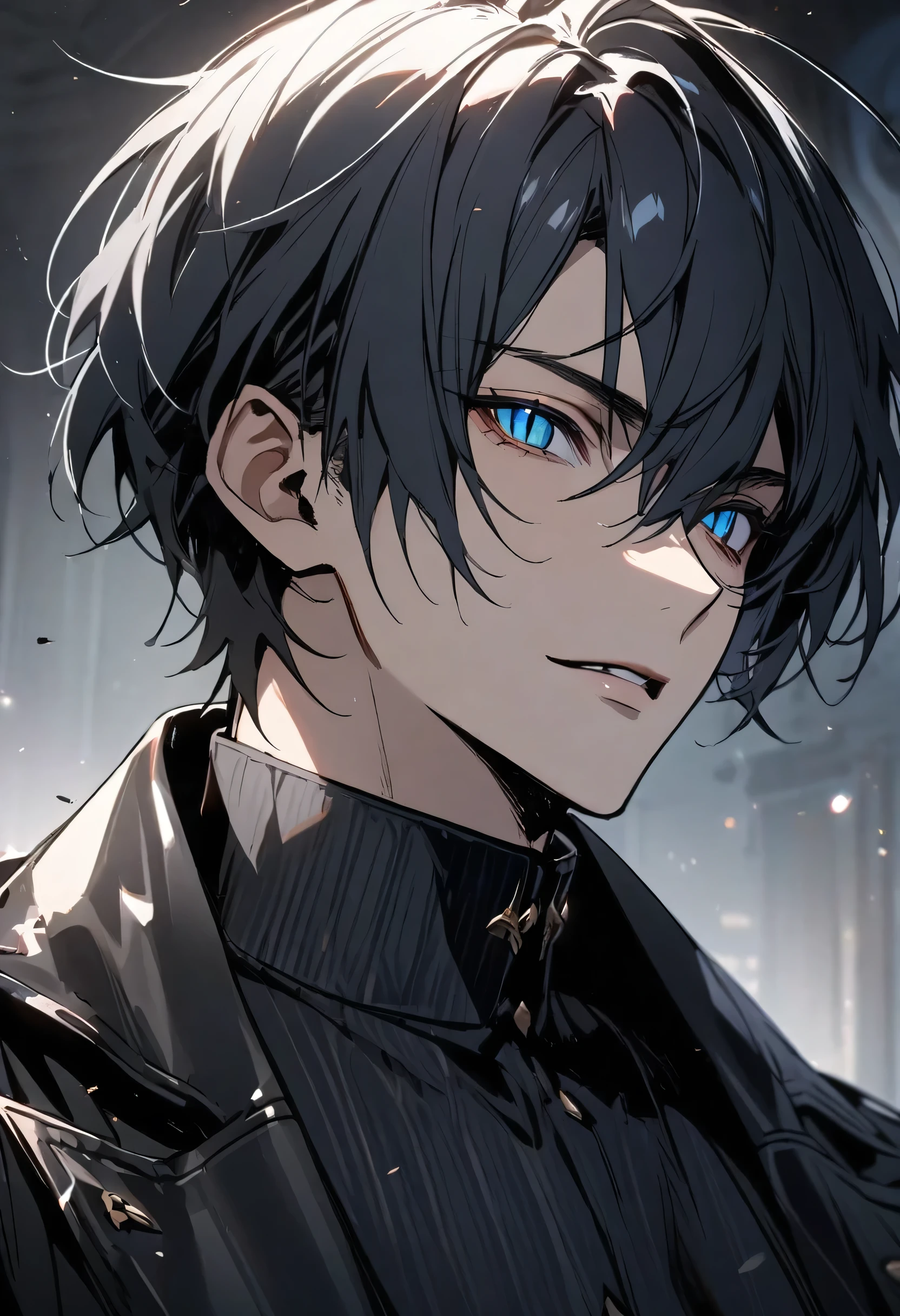solo, handsome, 1 man, black coat, short hair, blue eyes, slit pupils,