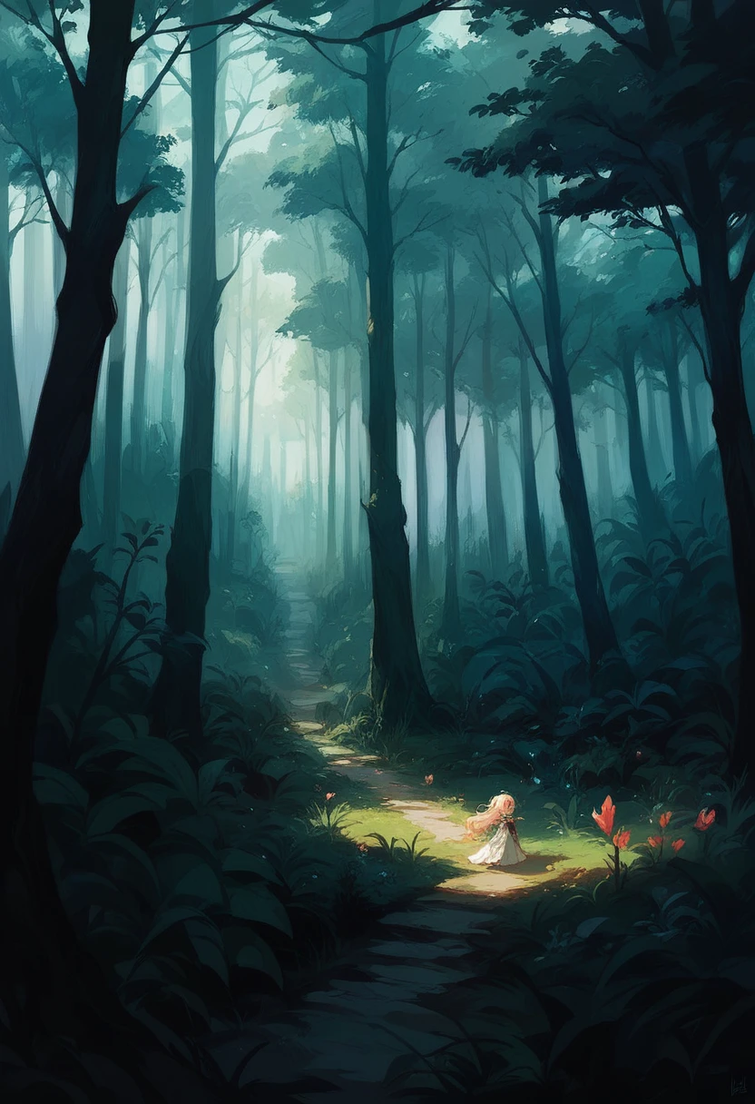 A dense, magical forest where the plants and flowers glow softly in the dark. The atmosphere is otherworldly and mystical, with soft, ethereal light illuminating the scene. The style evokes the fantastical worlds of Miyazaki.