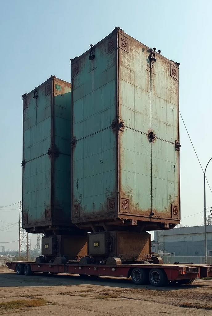 The width of the transformer is 4,58 m, but the trailer needs a 50cm clearance to manoeuvre; This gives a total width of 5,58 m. The trailer platform has a height of 1,20 m, The height of the transformer is 5,10 m, plus the 50 cm margin for maneuvering gives a total height of 6,80 m.