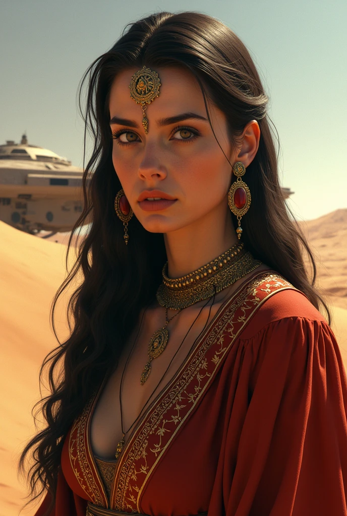 A portrait of a sexy Jessica, Dune, showcasing her unique cultural attire. (SiFi Dune) creating high quality image. Dunes and harkonnen space ship in the background
