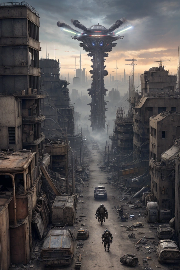A UFO parked in a junkyard Aerial View of panoramic distopic city, laser beam, steam punk, drones, laser sword, metal, steel, sky line, britge, gate, soldier, street, army, rebelion, resistence, hologram, graffiti, rusty metal, space ship, mega structure, gang, animals, oxygen Mask, ,oxygen tank with palnt in side, Wearing scrap clothes, metal gears, sniper, weapons, spikes, leather trench coat, pipes apparent, Apparent installations, machine scrap exposed mechanic cabling, a screenshot inspired by Mad Max, Neon Ligth, Trash, Garbage, Blade Runner, robotic scrap, android scrap, cyborg scrap, tumblr, dau-al-set, wearing apocalyptic clothes, ornate cyberpunk robes, chains, debris, smog, Vehicule Scrap from Mad Max, dressed as an oracle, tattered robes, intricate costume design, cyberpunk fashion clothing, still from a fantasy movie, post apocalyptic attire, mechanic exposed, cables, scrap, sky line of ruins, vehicule military.