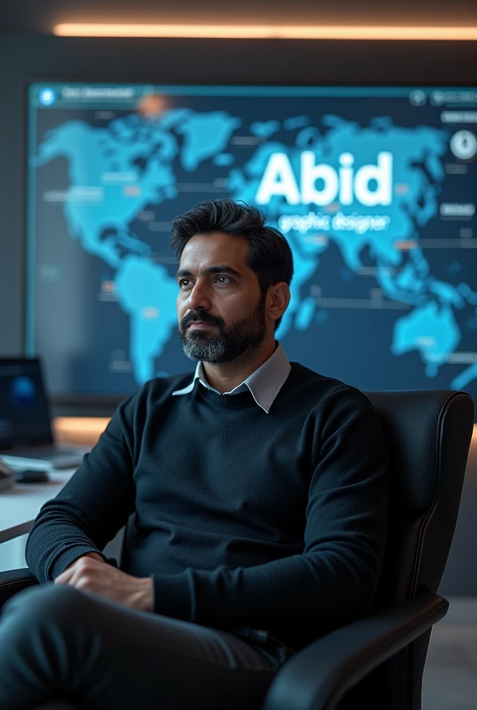 A man is sitting in the chair. Behind him is written "Abid Graphic Designer" on a digital board.