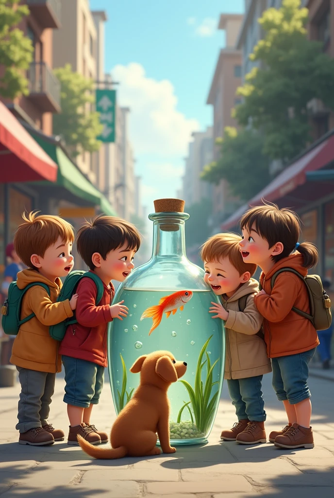 8 children reunited with one dog , and only one fish inside a bottle with water only the fish inside the bottle the others outside,in a city