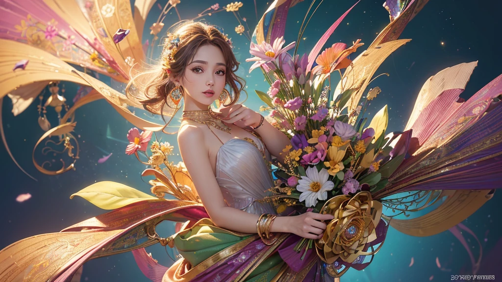 32K, 最高quality, 最高masterpiece, (ultra-Detailed Background, Detailed Background), High resolution, Super detailed, Very detailedな, 1 personの, (bouquet:1.3), (Tangled:1.2), (Geometric:1.2),(colorful),(masterpiece, quality, best quality, Official Art, Beautiful and beautiful:1.2), (1 person:1.3), Very detailed,(colorful:1.1)(Flowers:1.3),Most detailed,(Tangled:1.2), whole body, (Abstract background:1.3), (Skin glows), (Many colors:1.4), ,(Earrings Jewelry:1.5), Gradient Background, Beautiful and sparkling background, It's imaginative., Flaxen Hair,