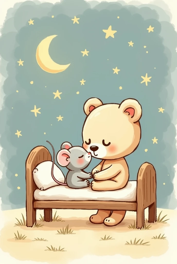 Make an image as if I had drawn it on an APP on my iPad, super beginner, not professional, super amateur, as if I were a  who made me say kiss for my son who feels sick in Spanish and that a little bear is sleeping and that a little mouse gives him a kiss on the cheeks in his little bed and that the stars are visible 