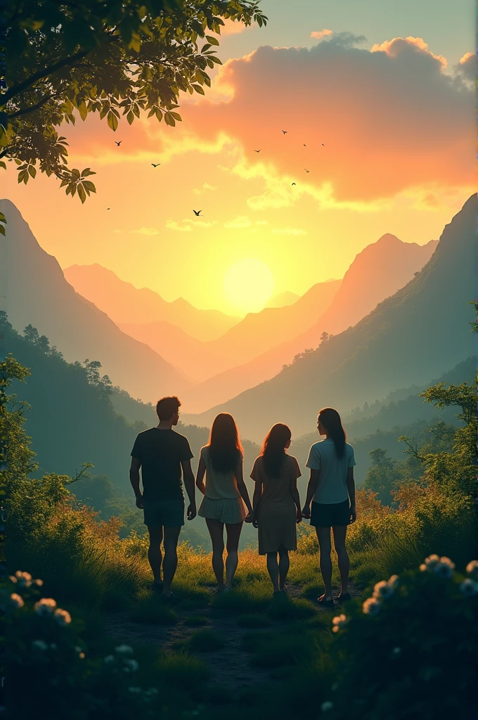 A group of friend enjoying together in the midst of a valley. They all look like shadowy figures from a distance
Sun is setting in th background
The friends are havinv good time
The picture should be in 16:9 ratio