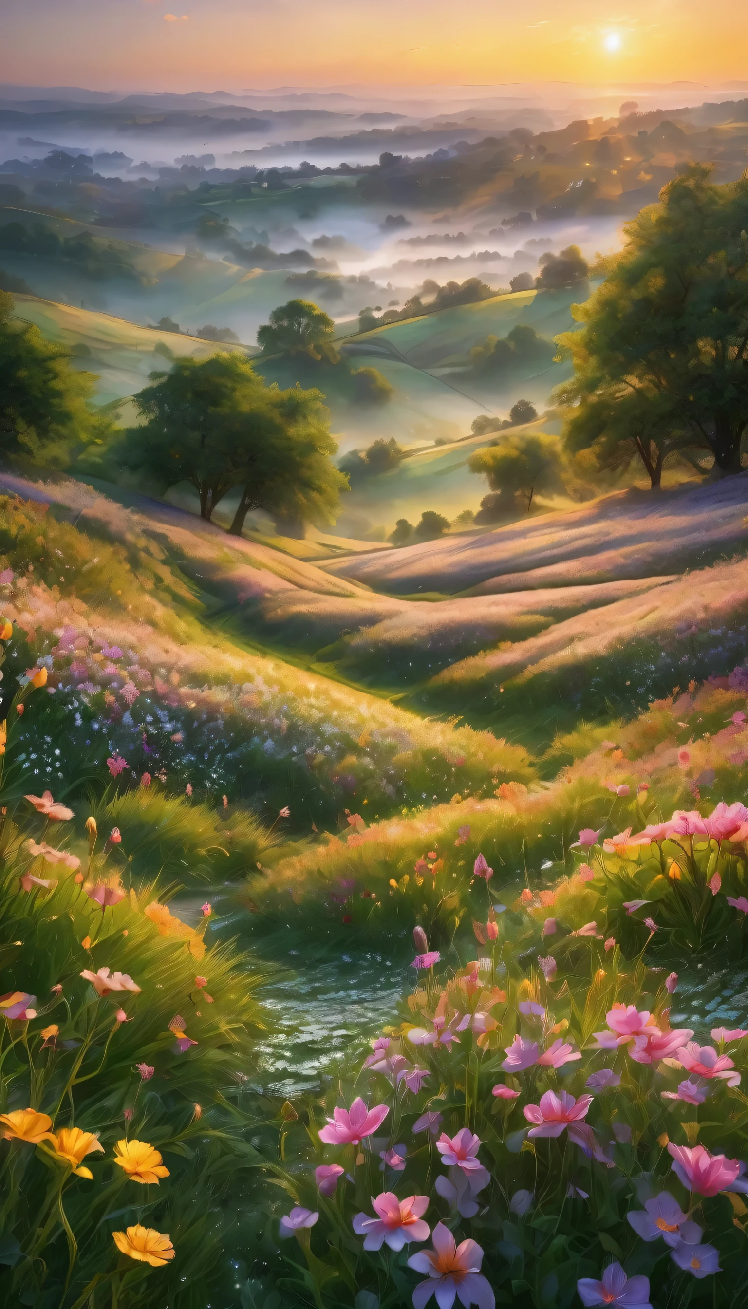 a beautiful morning sunrise, delicate flowers with dew drops, stunning landscape, serene and peaceful environment, golden sunlight, soft natural lighting, highy detailed, 8k, photorrealistic, cinematic, dramatic lighting, swirly vibrant colors, lush vegetation, picturesque landscape, romantic and ethereal, work of art