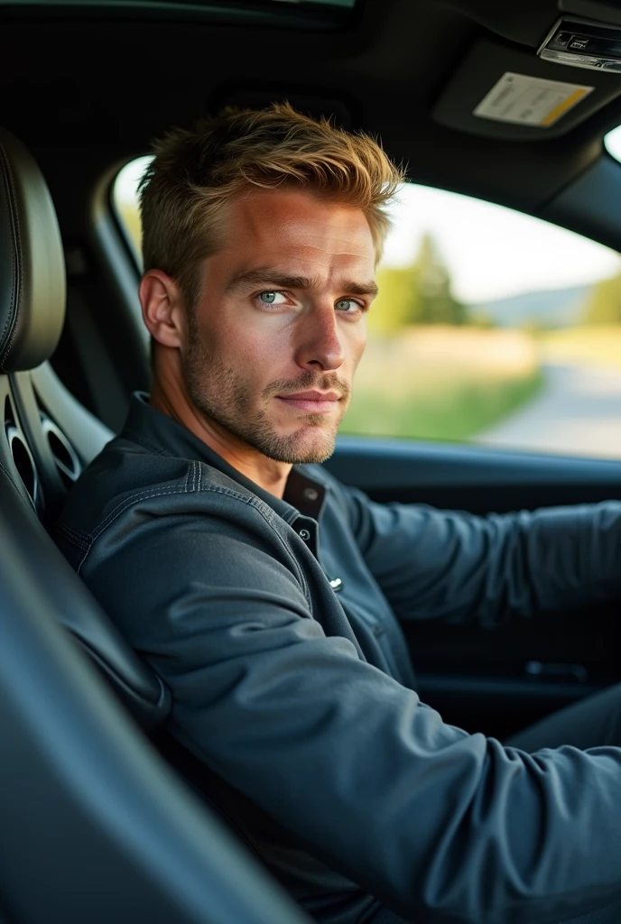 Handsome man with short blond hair driving in his black Audi.