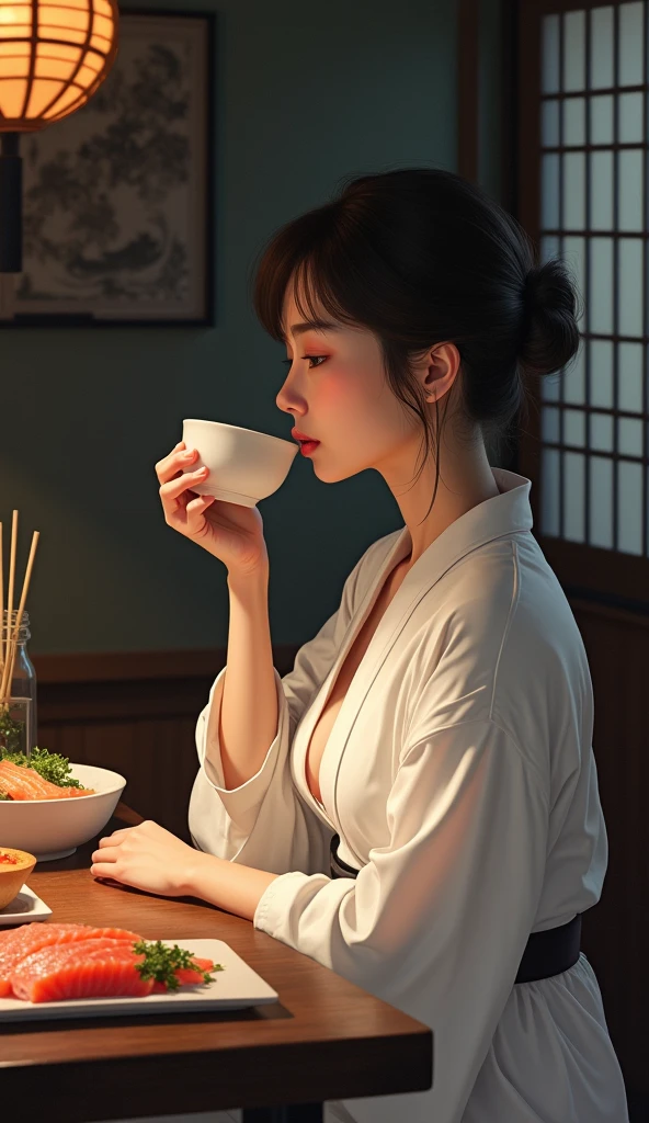 A woman in a white yukata drinking sake from a ceramic cup、profile、A little bit of sexy cleavage is visible、Soft Light、Skewers、sashimi、Backlight、Dark interior、Old furniture、Adult face、blush、Around 40、Half-open eyes、Intricate drawing