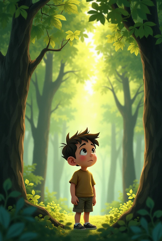 A boy looking at trees