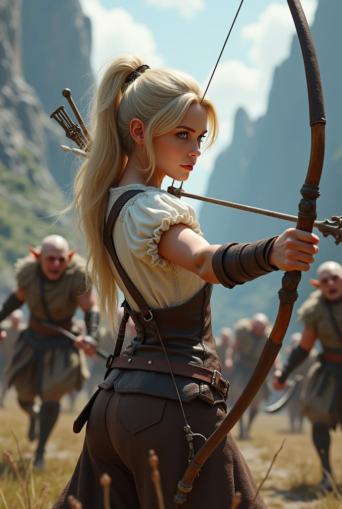 cute young archer girl, blonde volume pony hair, Side parted bangs, centaur, busty, cleavage, wearing brown lether jacket, white blouse with frill, prepare bow and arrow, at fantasy mountain, battle scene, many goblins atack holding axe, photorealstic,