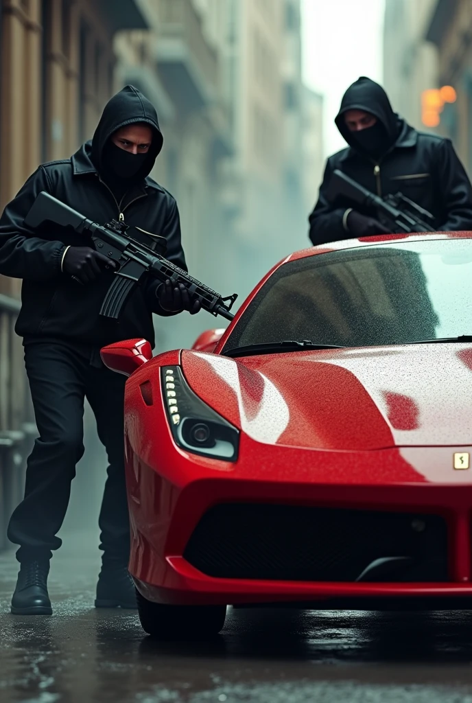 Creating images of two robbers armed with machine guns robbing a Ferrari