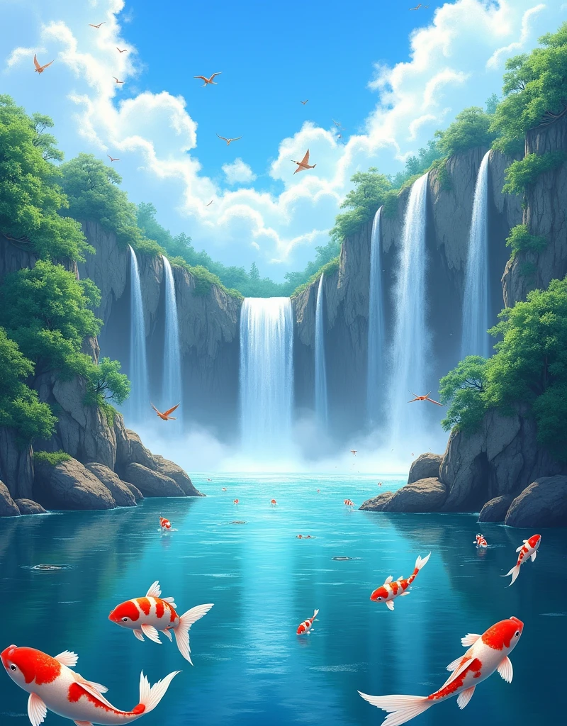 Waterfalls in the background, In front of a sea with koi fish swimming, trees and birds flying, blue sky with clouds sunny