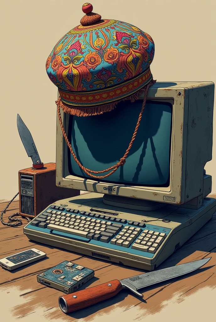 Uzbek national hat and a computer chust knives hack Chust IT Servis