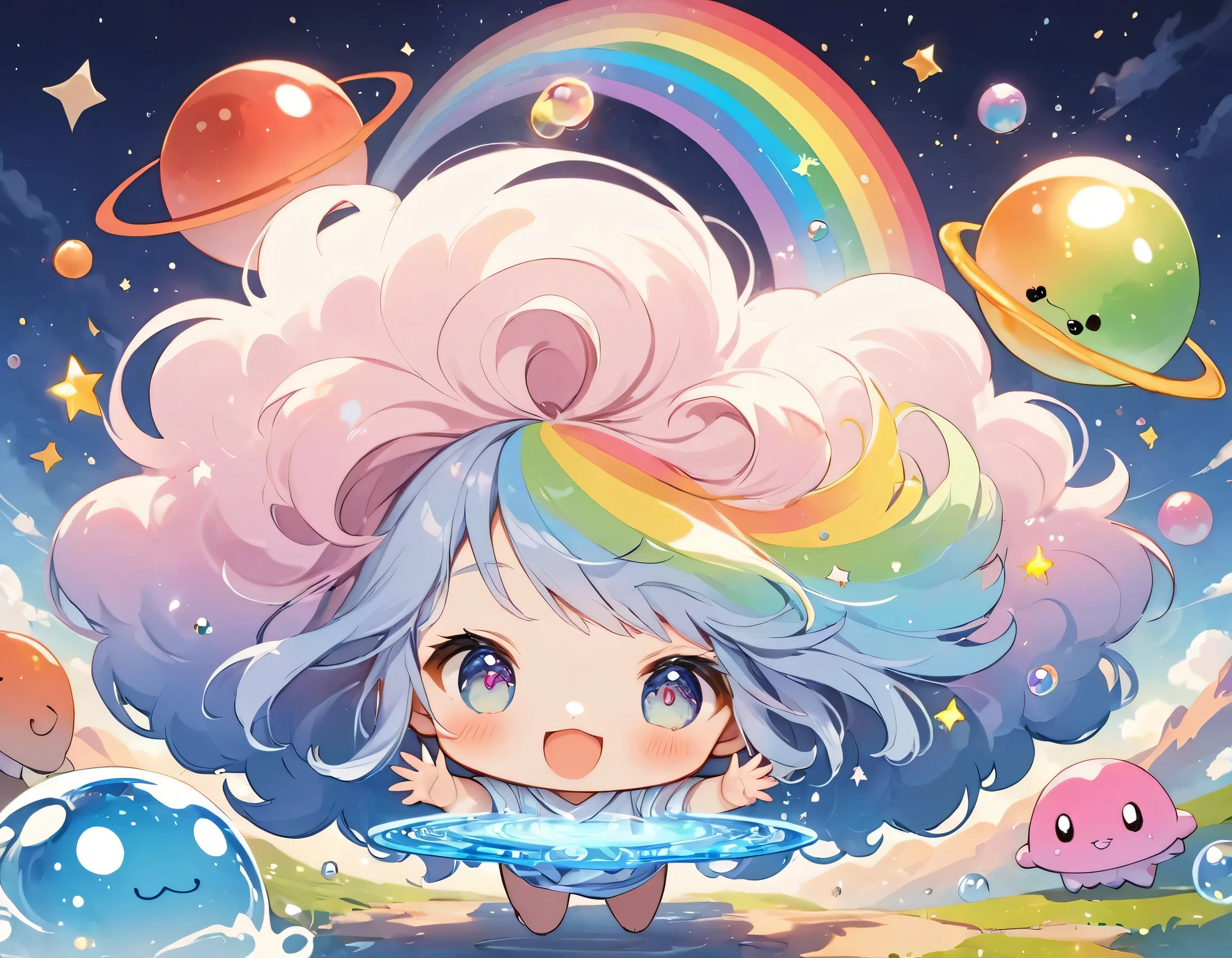 Hayao Miyazaki style, The most beautiful girl of all time, (((chibi))), (((hide and seek))), Cute Aliens, All in one, Tshine in fantastical rainbow colors,and a completely melted jelly fusion, Holographic sparkling reflections, Create an engaging impression on your audience, Surface of Mars