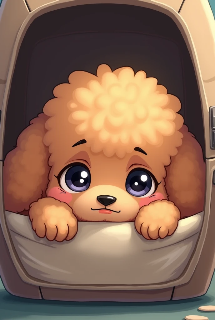 in cartoon style, a very cute apricot poodle baby lying down, with a sad little face, inside a dog carrier 