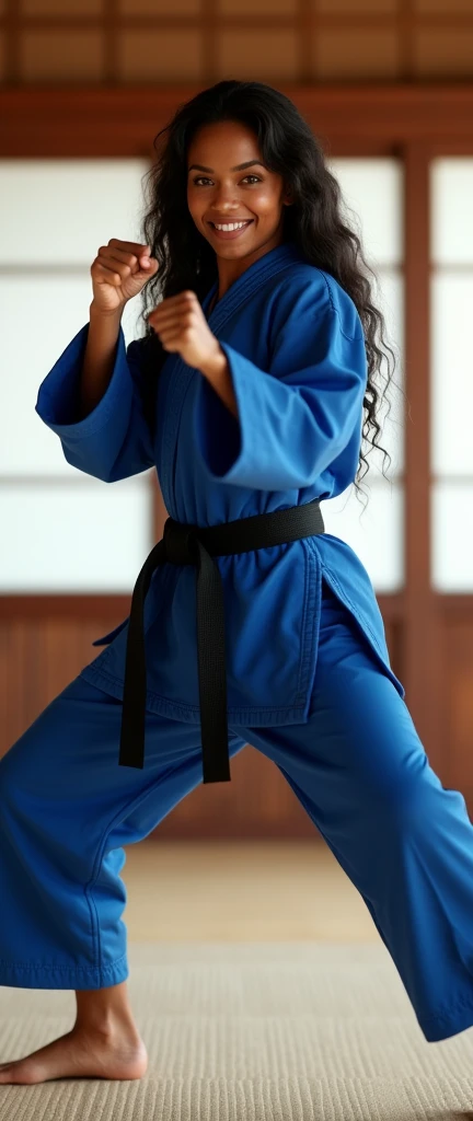 ((photogenic, photographic)), Karate pose, Dynamic pose, ((straight punch)), Front view , Full- body, beautiful American black girl, 1, (black hair, permanent hair , brown eyes, Beautiful Lips, smile), (C cup Breasts, Wide Hips) ,((Karate Blue clothes, Karate Blue underwear, Black obi:1.3)), At the Karate Dojo, Standing on tatami mat, Textured skin ((Surrealism, Fujicolor, Fujifilm, UHD, retina, masterpiece, accurate, anatomically correct, textured skin, super detail, high details, high quality, best quality, 8k))