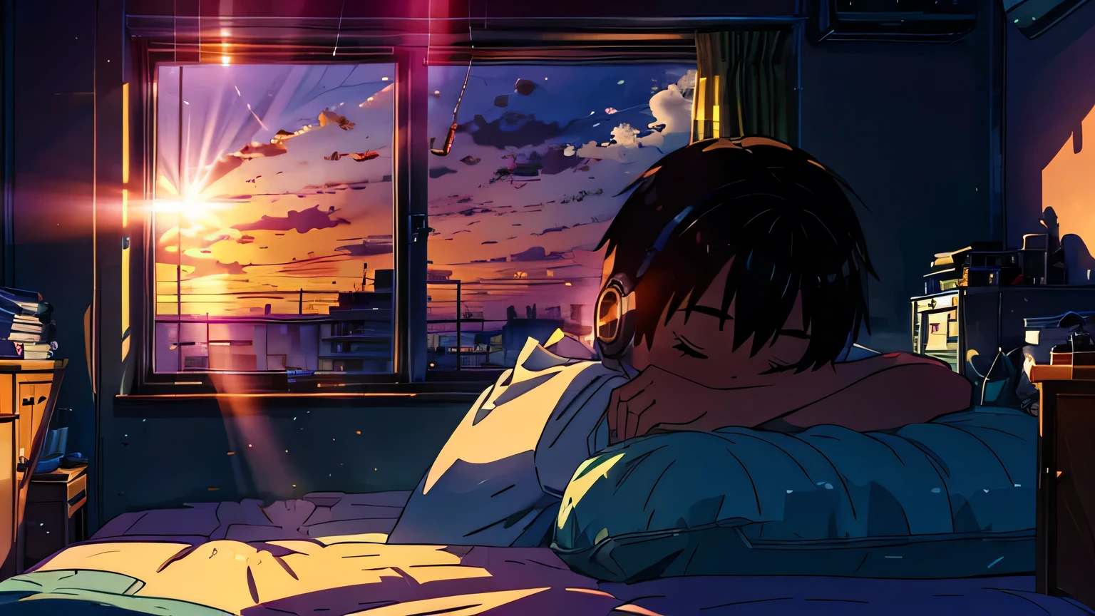 imagine A boy sleeping in his room on a bed with a headphone listening to lofi music looking out of the window with a mind relaxing view happy sunset warm rays purple light in the room aine style highly detailed