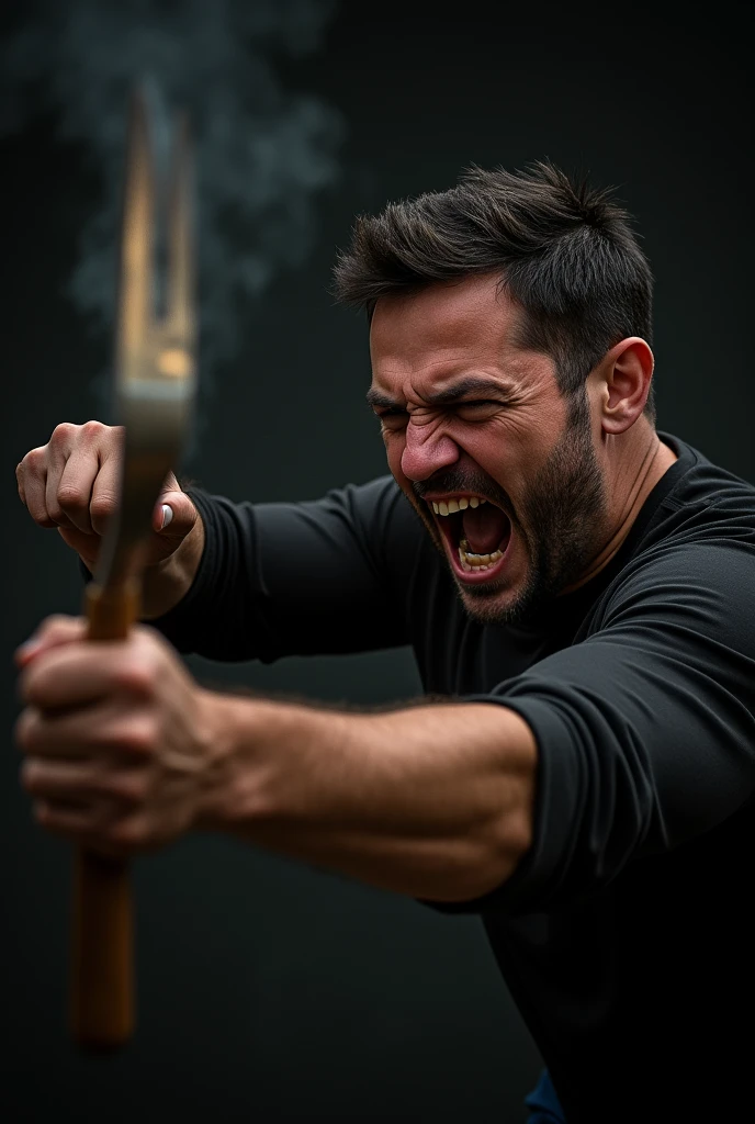 A dramatic photo of a man holding a pan as if heating someone, intense expression, dynamic action pose, natural lighting, high contrast, shot with a Canon EOS R5, 50mm lens, f/2.8 --ar 1:1 --stylize 150 --no text