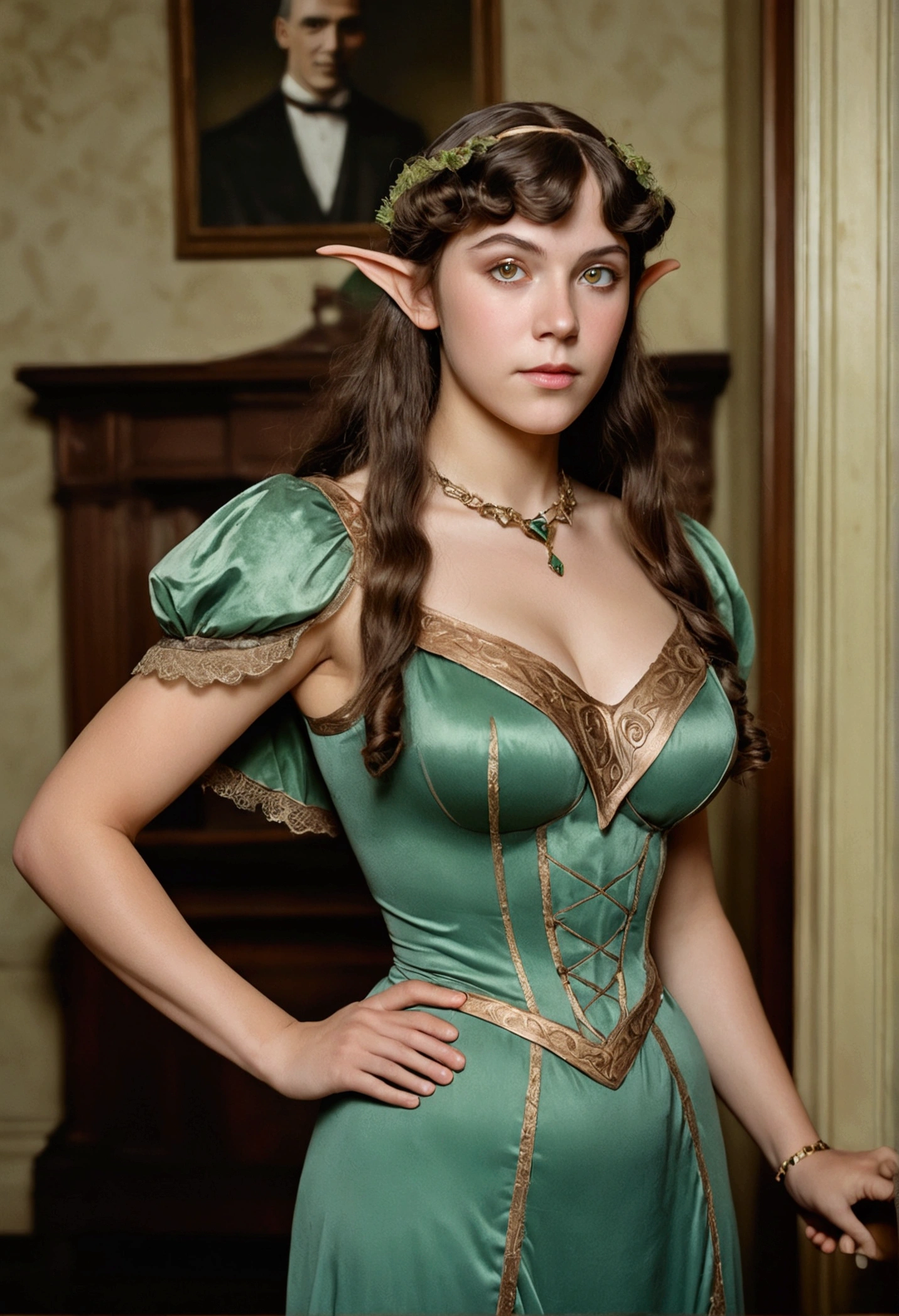 1910s analog film photograph, colorized photo of an elven maiden, 18-years-old, amazonian stature, thick-fit hourglass figure, busty breasts, toned, athletic, wearing a victorian traveling dress, warm almond complexion, pointy elf ears, amber eyes, dark brunette hair, thick curly bangs, resembles Mary Elizabeth Winstead, standing in a manor drawing room, RAW Photograph, dslr, soft lighting, high quality, film grain, Fujifilm XT3, detailed skin with visible pores, insane details, masterpiece, 8k, 35mm photograph, faded film, desaturated, grainy, vintage, Lomography, stained, highly detailed, found footage, long elven ears