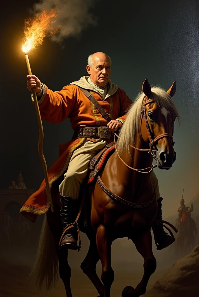 masterpiece, realist, old painting, Renaissance style, visual impact, high contrast, black dark background, (Miguel Hidalgo) hero of Mexico&#39;s independence, man with white hair and bald, on horse, (the noble priest), holding a torch, and in the background you can see traces of the war, in attack position, high quality, lights and shadows rembrant style, tenebrismo, Caravaggio,