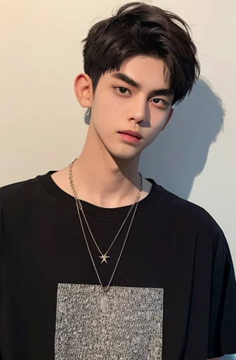 Tall Boy、Bad Boys、20-year-old、Short Hair、刈り上げたShort Hair、Slanted Eyes、Silent、T-shirt with border pattern、Thin eyebrows、necklace