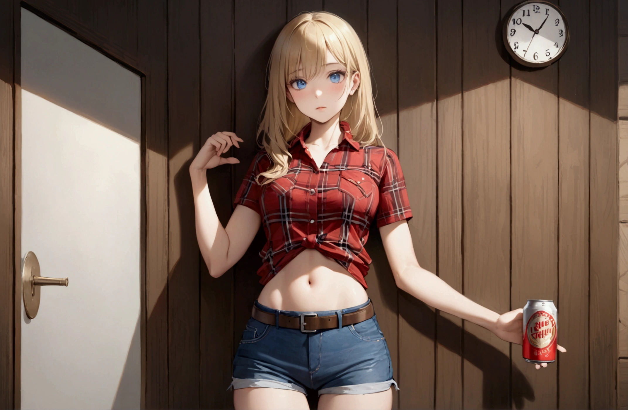 Woman with long blonde hair, blue eyes, Athletic build, Red plaid tight-fitting short-sleeved collared cowgirl shirt, clock, Navel exposed, Denim hot pants, Brown belt with oval buckle, Please stand up straight, Drunk,Severe hiccups,In front of a wooden wall,can of beer,Front view,Cowboy Shot,16K, Highest quality, masterpiece, Realistic, detailed