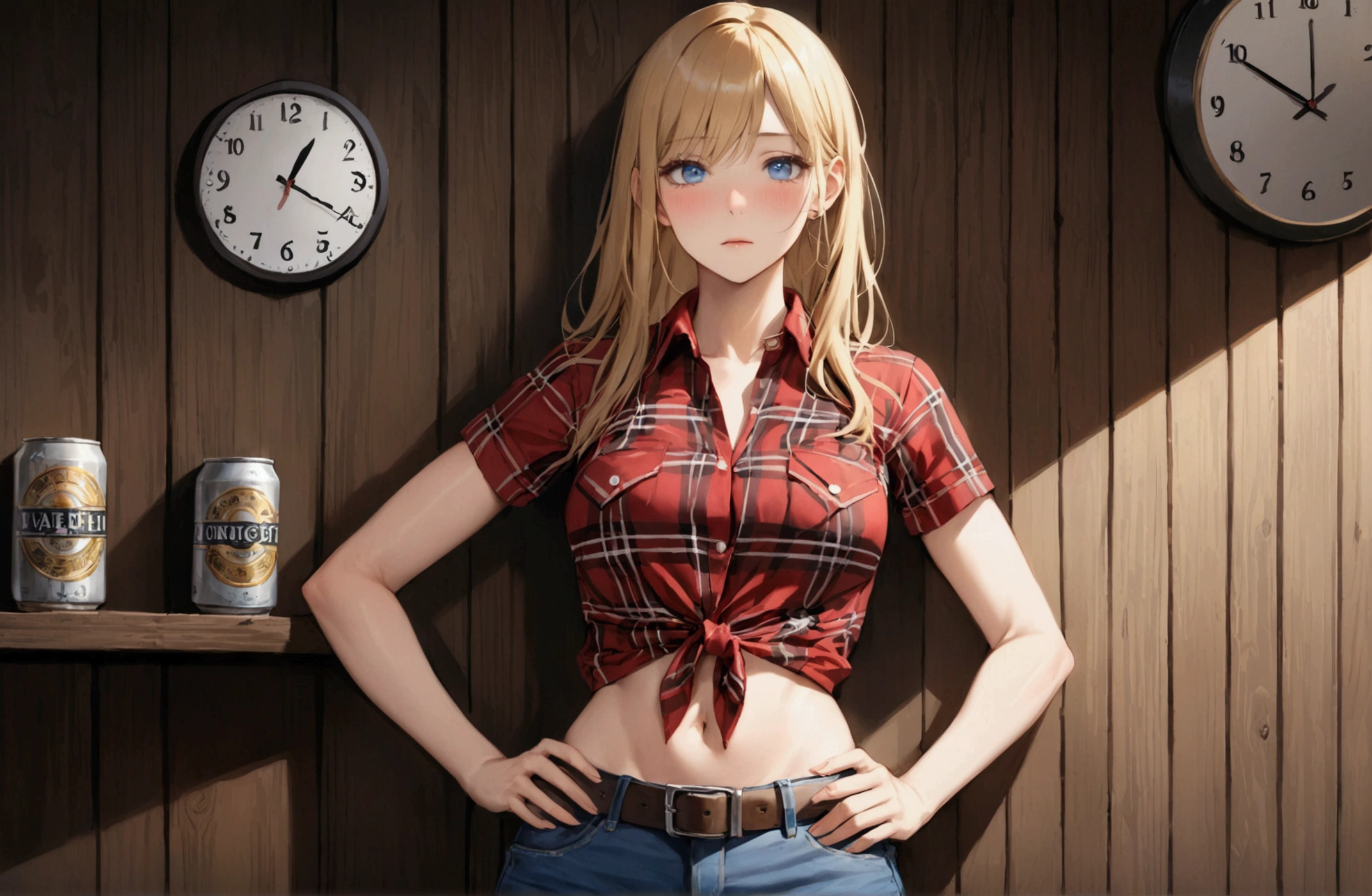 Woman with long blonde hair, blue eyes, Athletic build, Red plaid tight-fitting short-sleeved collared cowgirl shirt, clock, Navel exposed, Denim hot pants, Brown belt with oval buckle, Please stand up straight, Drunk,Severe hiccups,In front of a wooden wall,can of beer,Front view,Cowboy Shot,16K, Highest quality, masterpiece, Realistic, detailed