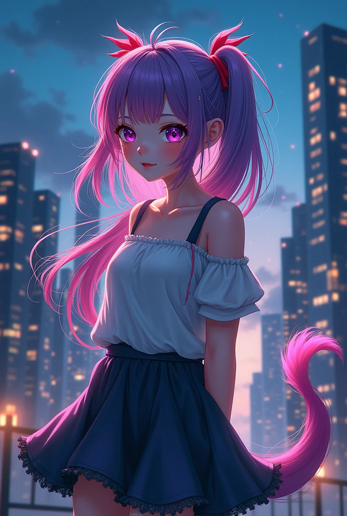 a cute girl,night,  epic realistic, background city, color hair , tail,  (medium_shot:1.3),