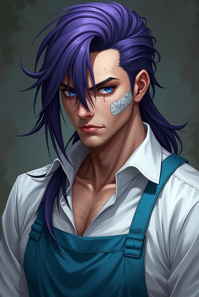 Generate in the rangrarii art style a purple haired masculine man (mullet cut) with two long black locks, blue eyes, several freckles on her face, White skin, two bandages on his cheeks, a white shirt with a white shirt and a sky blue apron