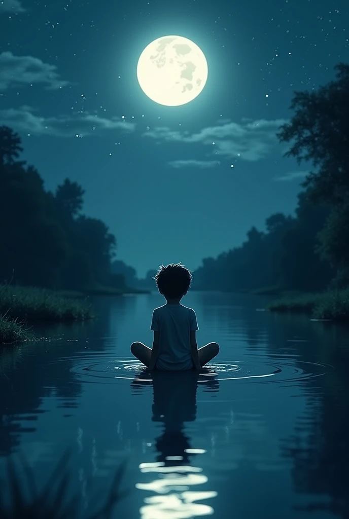 Alone boy sitting in the river in night time seeing moon