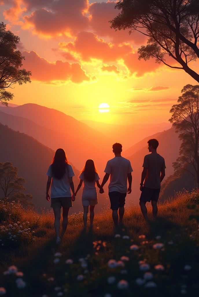 A group of friend enjoying together in the midst of a valley. They all look like shadowy figures from a distance
Sun is setting in th background
The friends are havinv good time
The picture should be in 9:16 ratio