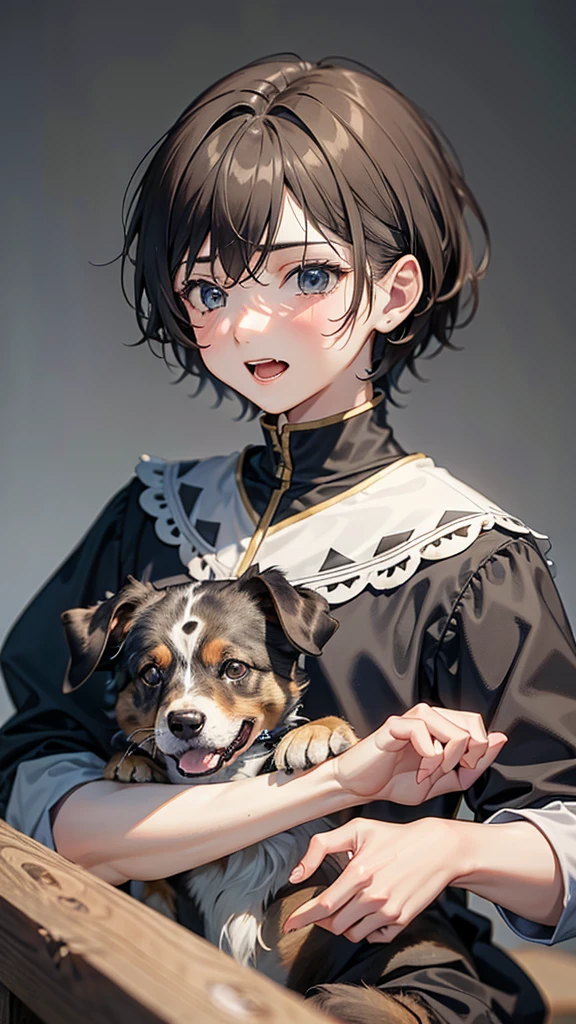 high resolution,high quality,Boy playing with dog,(), Kind eyes, Laughter, sad, Detailed face, Gray Hair