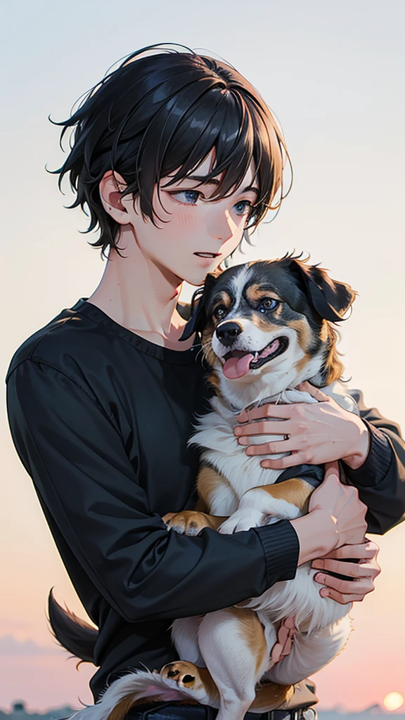 high resolution,high quality,Boy playing with dog,(), Kind eyes, Laughter, sad, Detailed face, Gray Hair