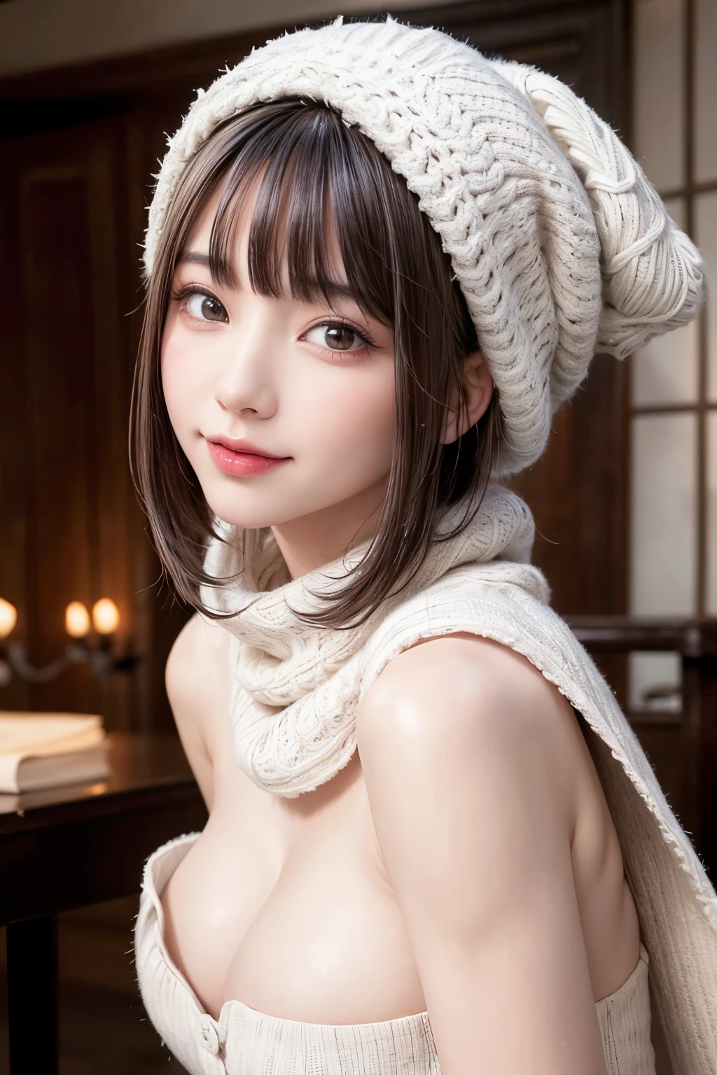 (masterpiece, Highest quality),One Girl, alone, Black-haired, scarf, Have, Realistic, Realistic, Looking at the audience, Light-coloured black eyes, Short brunette bob, Brown coat, Winter clothes, White headscarf, lips, prohibit, Plein Air, Mouth closed, Upper Body、Big eyes、eyelash、((Beautiful landscape with sparkling snow、Large snowflake motif、A beautiful snowy scene with no people around))、(((Short bob hair with bangs、Shiny Hair、Big eyes、large full chest、Highlights the eyes、Gazing at the audience、Beautiful beauty、Listen carefully、Long neck、Laugh a little、Please close your mouth and laugh、Ideal body type)))、{Huge|big|Hugeな|Mega} chest:2, chestの谷間:2、Very cute smile