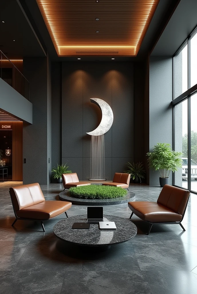 Professional 3d architecture rendering design of modern   And high tech for boticque  hotel’s Labi with  dark slab  stone  and 8 dark brown leather Chairs  that separate with modern green space and medium  flouting  dark gray marble  station and  2 laptops and coffee table elegant and modern  glassy and silver accessories and  modern windows and  private space for baggage  in the Labi and black slab stone middle table and elegant accessories and modern ceiling lighting and beautiful green space and private space for baggage with silver wall and silver reception and big  silver sculpture of crescent moon  that cover with waterfall in the corner of Labi and modern green space between the chairs 