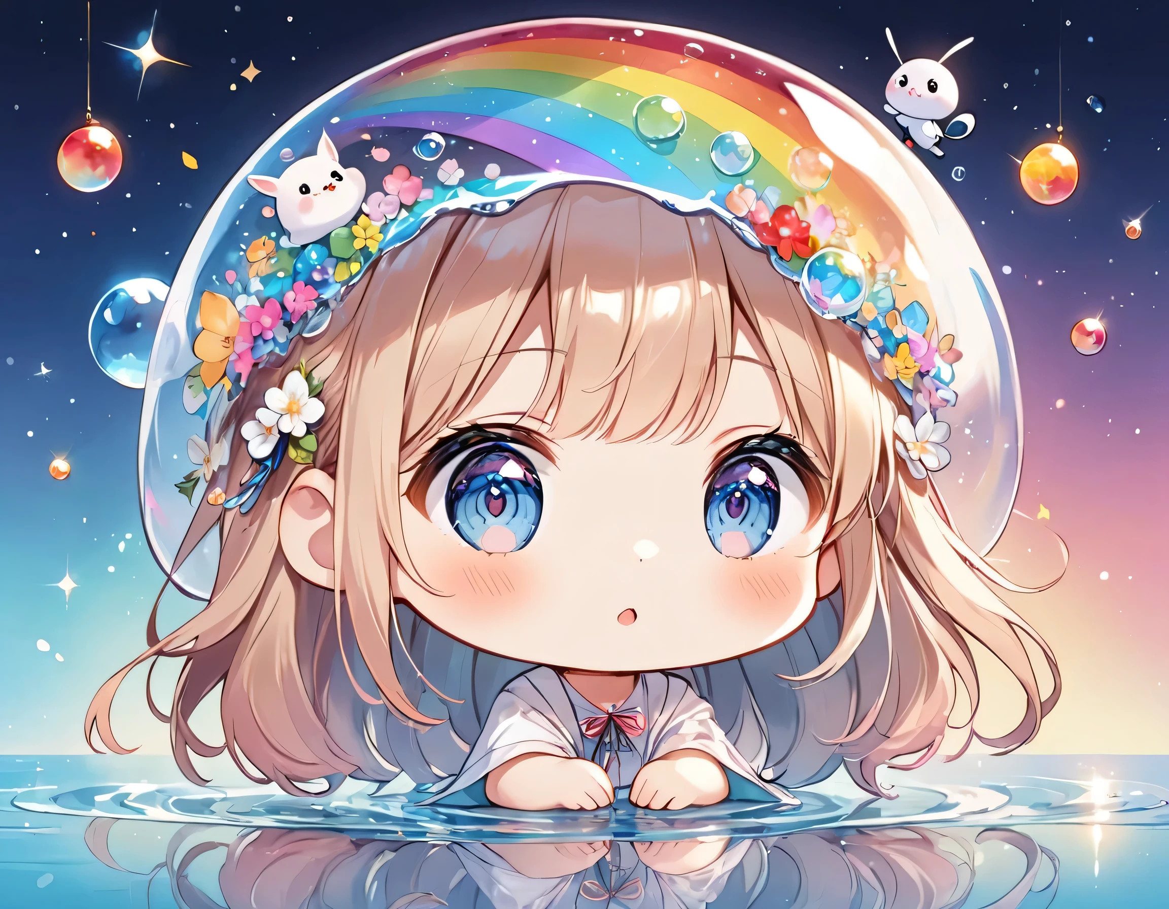Hayao Miyazaki style, The most beautiful girl of all time, (((chibi))), (((hide and seek))), Cute Aliens, All in one, Tshine in fantastical rainbow colors,and a completely melted jelly fusion, Holographic sparkling reflections, Create an engaging impression on your audience, Surface of Mars