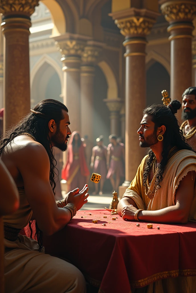 The dice are mid-air as Shakuni throws them, and Yudhishthira has a tense expression. Arjun, with his bow on his shoulder, looks alert and worried about the outcome.