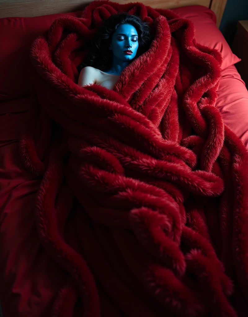 full body view a woman lying on a luxurious mattress covered tightly with three luxurious dark red blankets, very thick, very soft, very soft and very heavy, lying on a very soft bed with red sheets. The person is covered completely from head to toe so it looks like a cocoon and mummy, the position of the picture shows the whole body, only a small part of the face and hair are visible, showing blue skin. The scene is illuminated by dramatic, warm lighting, with deep shadows accentuating the contours of the blankets and the curves of the woman's body, highlighting the intricate patterns of the fur blanket and the gentle curves of her body.