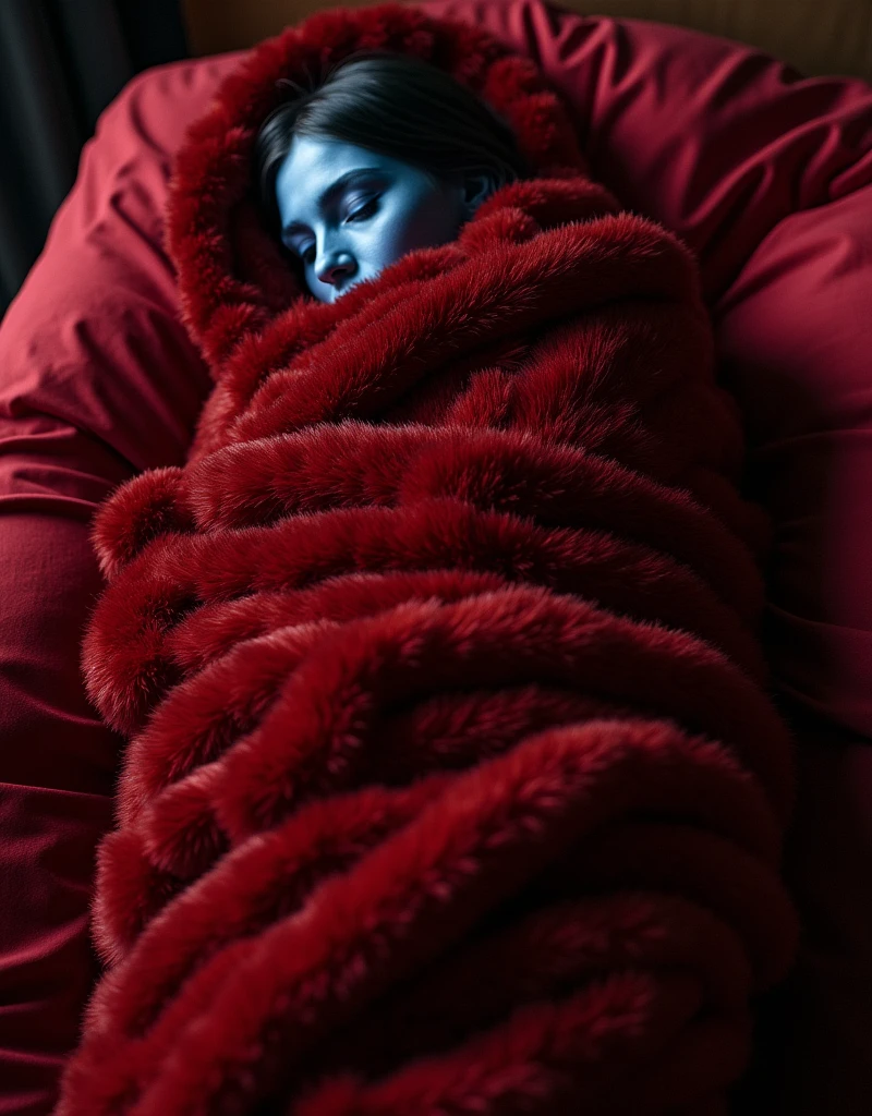 full body view a woman lying on a luxurious mattress covered tightly with three luxurious dark red blankets, very thick, very soft, very soft and very heavy, lying on a very soft bed with red sheets. The person is covered completely from head to toe so it looks like a cocoon and mummy, the position of the picture shows the whole body, only a small part of the face and hair are visible, showing blue skin. The scene is illuminated by dramatic, warm lighting, with deep shadows accentuating the contours of the blankets and the curves of the woman's body, highlighting the intricate patterns of the fur blanket and the gentle curves of her body.