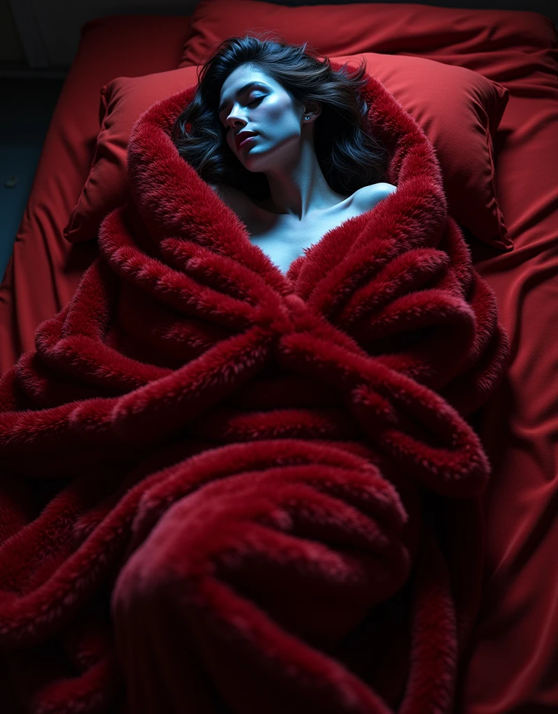 full body view a woman lying on a luxurious mattress covered tightly with three luxurious dark red blankets, very thick, very soft, very soft and very heavy, lying on a very soft bed with red sheets. The person is covered completely from head to toe so it looks like a cocoon and mummy, the position of the picture shows the whole body, only a small part of the face and hair are visible, showing blue skin. The scene is illuminated by dramatic, warm lighting, with deep shadows accentuating the contours of the blankets and the curves of the woman's body, highlighting the intricate patterns of the fur blanket and the gentle curves of her body.