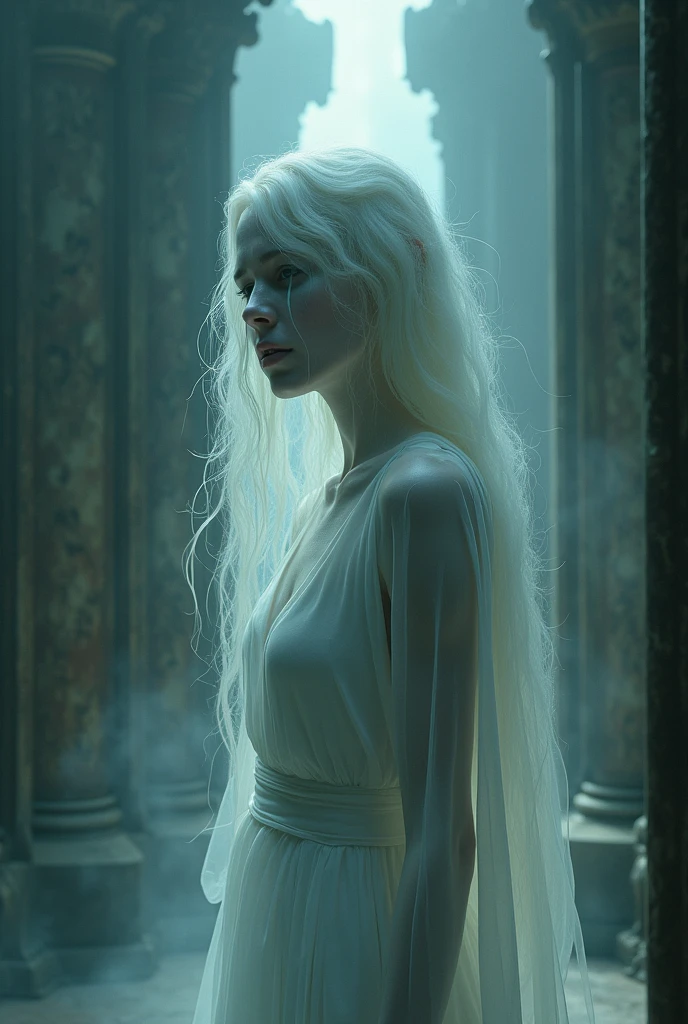 ghostly weeping woman figure , very hard .  Create this depiction in a way that generates a lot of fear, with high visual and artistic quality as well.. ultra hyper magical gothic reality