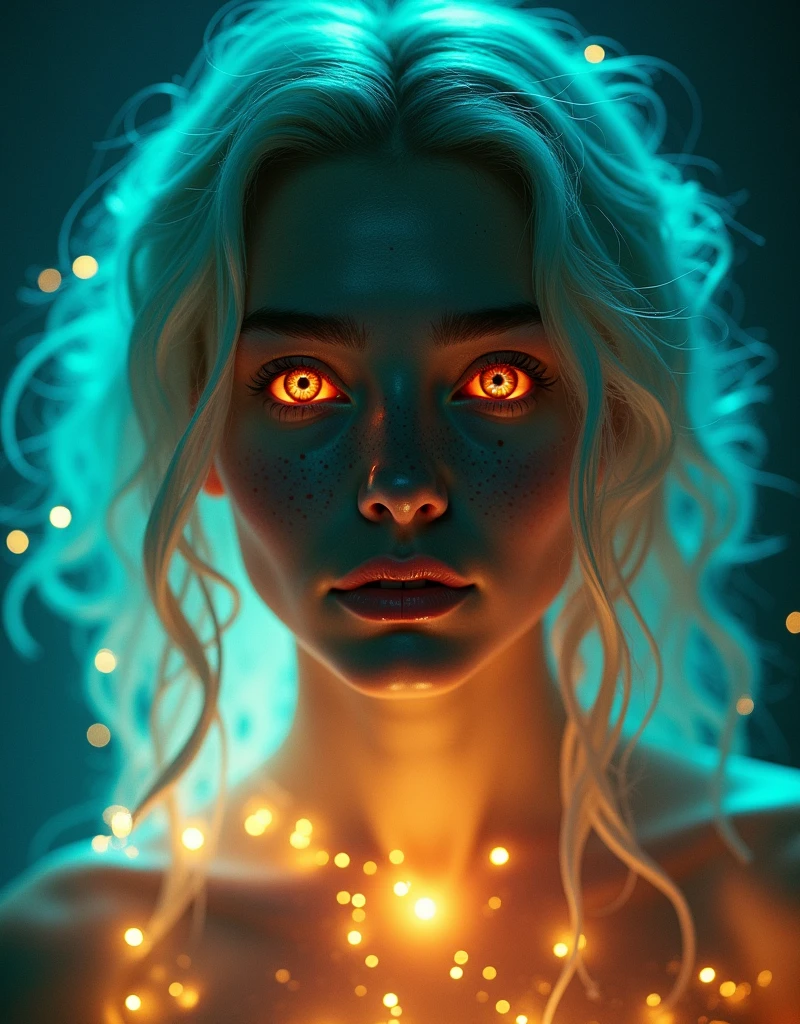 (Cinematic, emotional:1.3), Silhouette of a female against a turquoise backdrop, glowing particles around her, voluminous white hair highlighted, calm expression profiled, (small breasts, orange accents), freckled skin, the photograph captured in stunning 8k resolution and raw format to preserve the highest quality of details, (her eyes are portrayed with meticulous attention to detail: 1.3), The photograph is taken with a lens that emphasizes the depth in her eyes, the backdrop is a dark room setting that enhances the colours of the scene. The lighting and shadows are expertly crafted to bring out the richness of her skin tone and the intense atmosphere. Her hair adds contrast against her skin, the overall composition captures her essence with authenticity and grace, creating a portrait that celebrates her heritage and beauty. Photography utilizing the best techniques for shadow and lighting, to create a mesmerizing portrayal that transcends the visual,