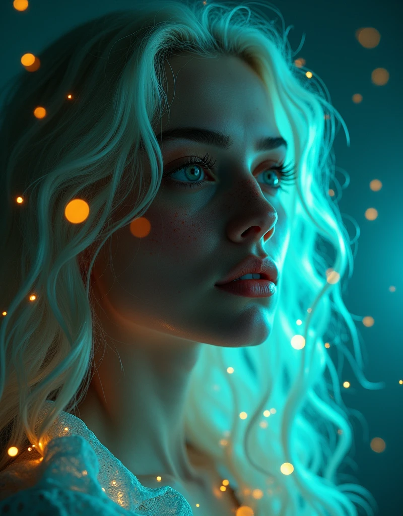 (Cinematic, emotional:1.3), Silhouette of a female against a turquoise backdrop, glowing particles around her, voluminous white hair highlighted, calm expression profiled, (small breasts, orange accents), freckled skin, the photograph captured in stunning 8k resolution and raw format to preserve the highest quality of details, (her eyes are portrayed with meticulous attention to detail: 1.3), The photograph is taken with a lens that emphasizes the depth in her eyes, the backdrop is a dark room setting that enhances the colours of the scene. The lighting and shadows are expertly crafted to bring out the richness of her skin tone and the intense atmosphere. Her hair adds contrast against her skin, the overall composition captures her essence with authenticity and grace, creating a portrait that celebrates her heritage and beauty. Photography utilizing the best techniques for shadow and lighting, to create a mesmerizing portrayal that transcends the visual,

