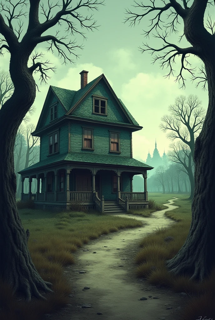 a quiet, forgotten town, there was a peculiar house at the end of a crooked street, surrounded by overgrown weeds and gnarled trees